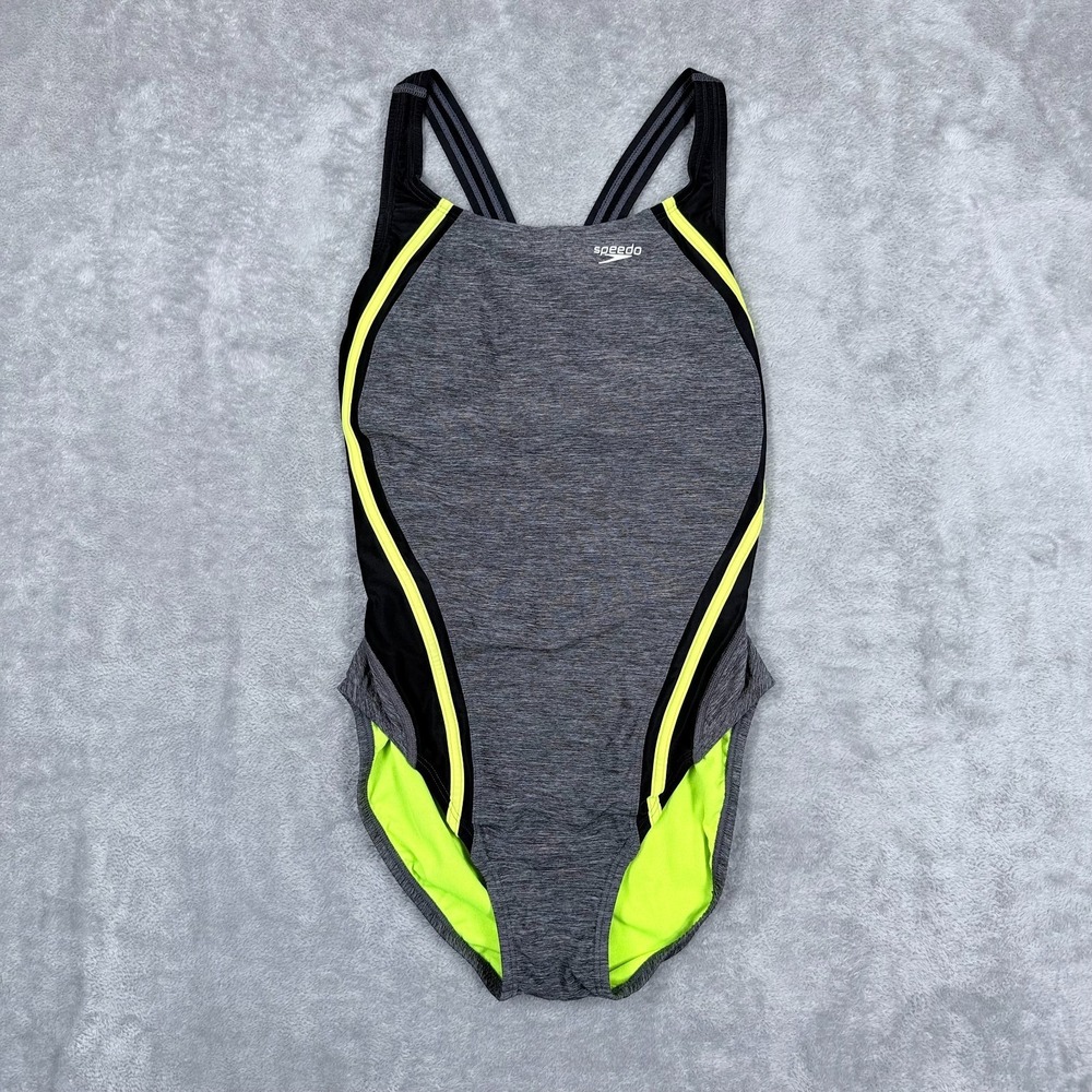 Speedo Quantum Splice Hydro Bra Swimsuit Womens 6 Heather Gray Yellow 1-Piece
